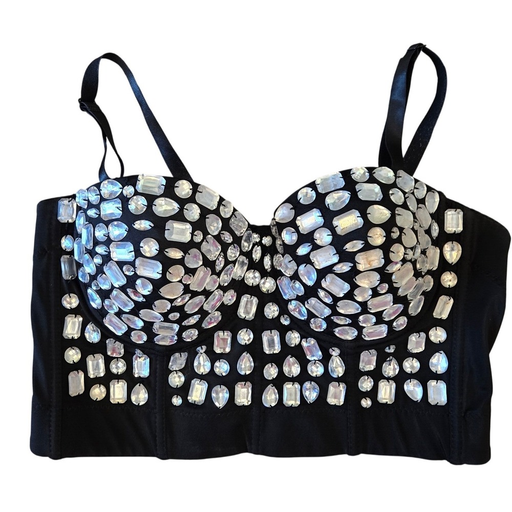 Black Iridescent Rhinestone Bustier Crop Top Festival Corset XL